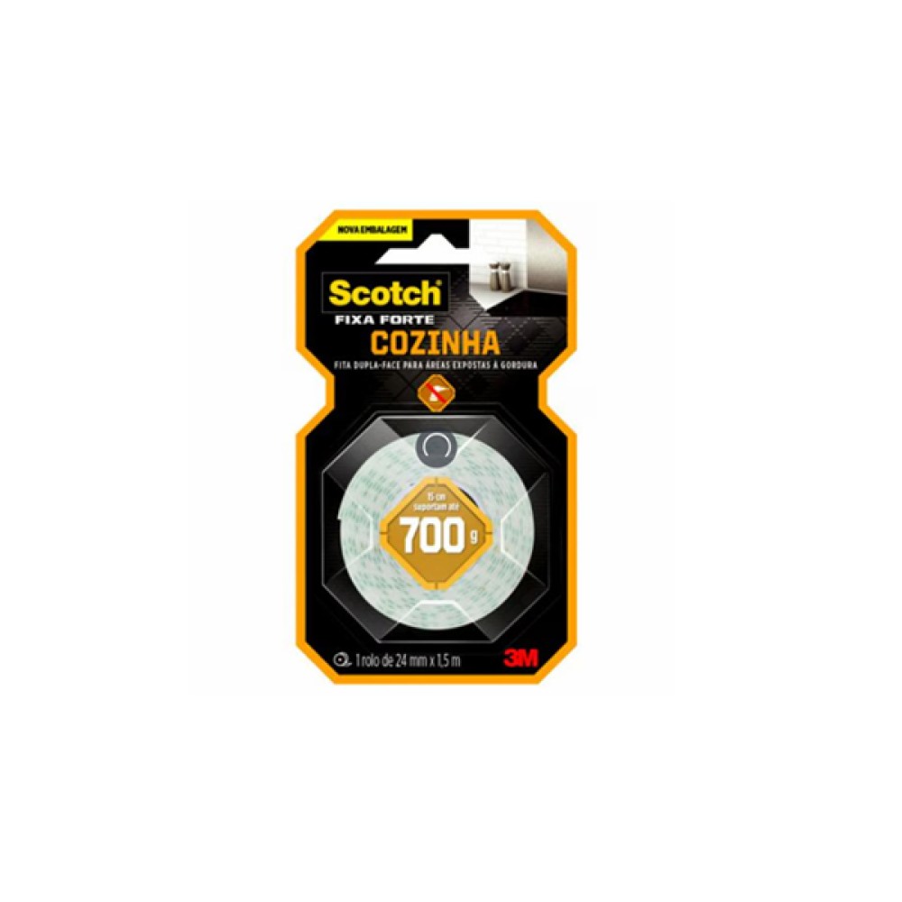 Fita Dupla Face Scotch Fixa Forte Cozinha 24mm X 1,5m - 3m