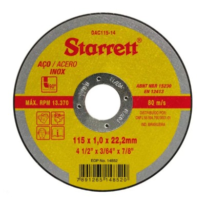 Disco de Corte para Aço Carbono e Inox 115x22,23mm Starrett