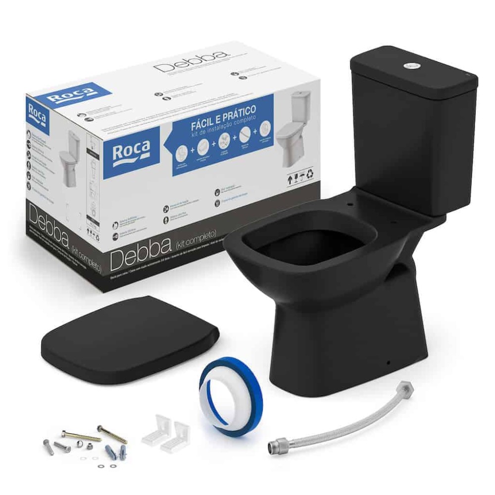 Kit Bacia Com Caixa acoplado Completo Assento Termofixo Fechamento Suave Debba Classic Black Matte C329723012 - Roca